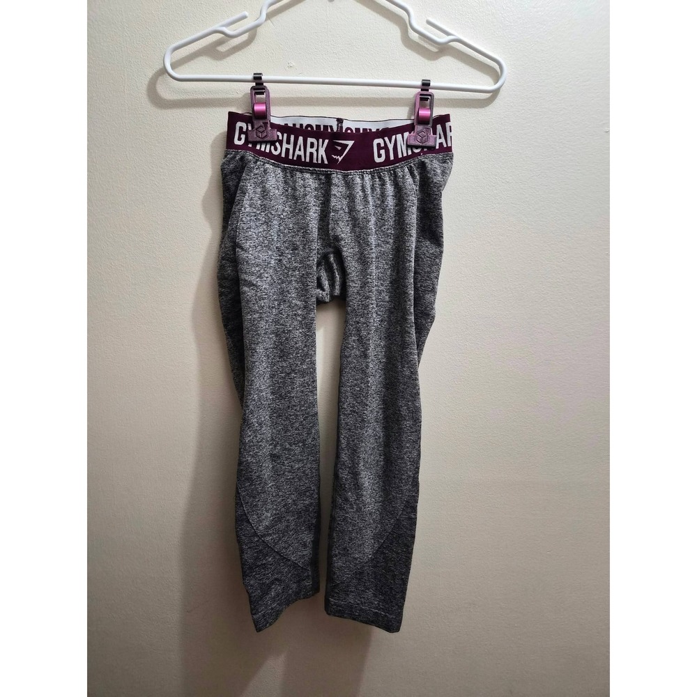 Gymshark Dry Grey Marl Cropped Leggings Burgundy Logo Waistband Womens XS Small